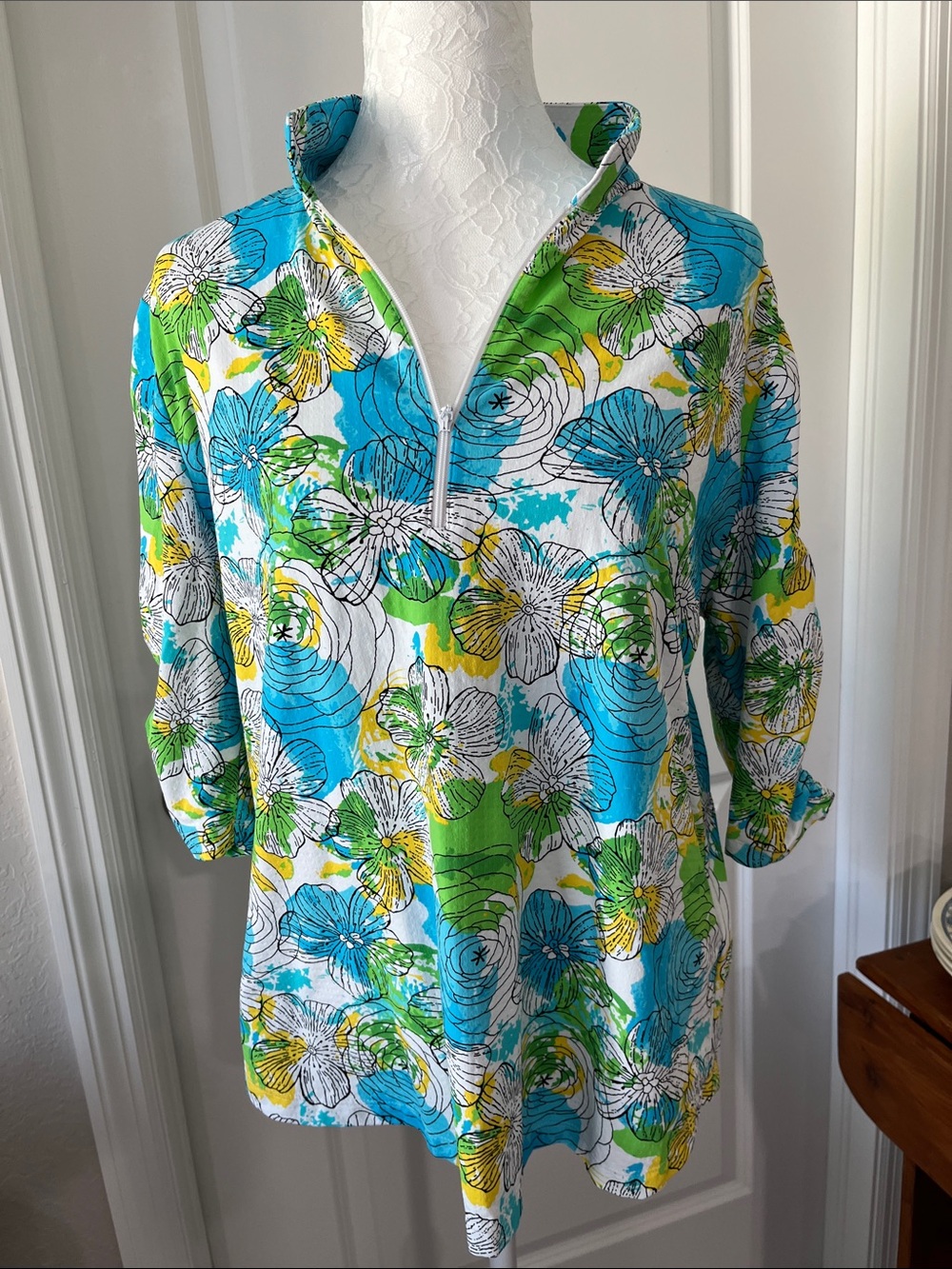 IBKUL Paddy Print Ruched Elbow Sleeve Top NWOT IceFil Fabric 1/4 Zip SZ XL